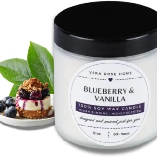 Vera Rose Home Blueberry & Vanilla Scented Soy Candle - Long Burning, Highly Scented, Odor Eliminating, Safe for Pets - 12oz Jar