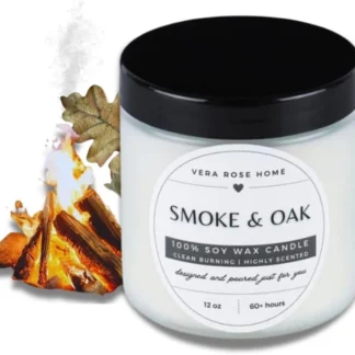 Vera Rose Home Smoke & Oak Scented 12oz Soy Candle Long Burning Highly Scented Cedar Sandalwood 60+ Hours