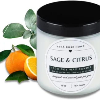 Vera Rose Home Sage & Citrus Scented Soy 12oz Candle Long Burning Highly Scented Candles 60+ Hours