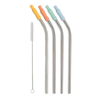 Primula 4 Piece Stainless Steel Bent Straw with Silicone Set