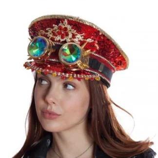 Red Sequin Captain Hat with Goggles