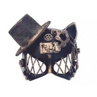 Gold Steampunk Cat Mask with Hat