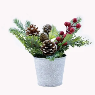 Table Piece 8″ Mixed Greens W/ Pine Cones & Berries In Pot