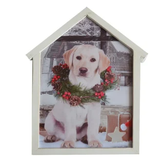 Canvas W/ Frame 12″X15″ 20 Led Dog W/ Wreath W/Timer