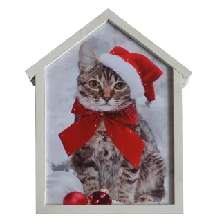 Canvas W/ Frame 12″ X 15″ 20 Led Cat W/ Santa Hat W/Timer