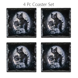Cat Roses Slate Coasters - Set of 4